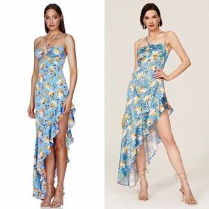 NOOKIE 70s Floral Satin Sleeveless Ruched Cutout Asymmetric Ruffle Maxi Dress L
